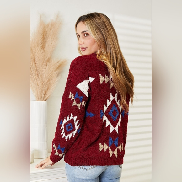 HEYSON Designer Wine Color Full Size Aztec Soft Plush Fuzzy Sweater - Picture 5 of 10